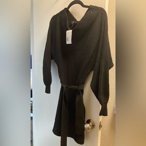 Ribbed off the shoulder black sweater dress